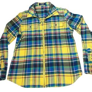 Chaps Twill Full-Zip Long-Sleeved Shirt plaid yellow blue collared SZ M top